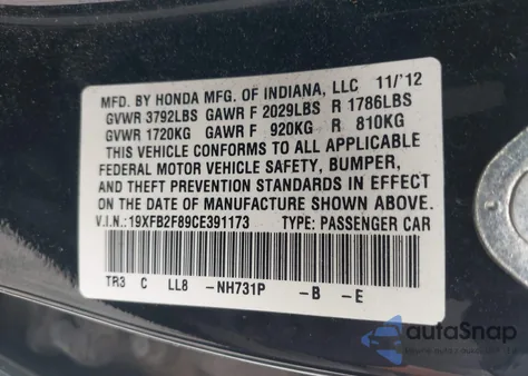 2012 Honda Civic Ex from USA, damaged, VIN 19XFB2F89CE391173